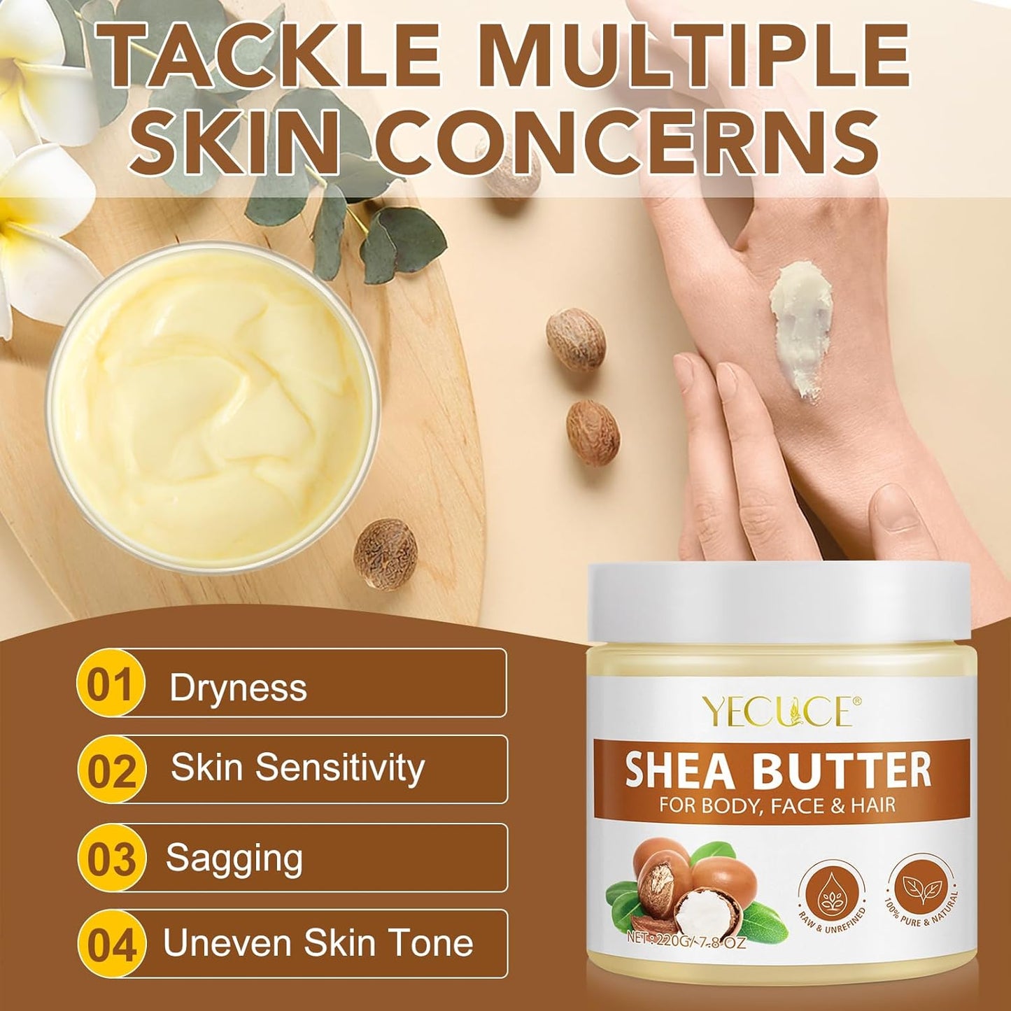 Shea Butter Organic, 220g - Pure Natural Unrefined Shea Butter Raw Organic Body Butter for Dry Skin Care, Enriched with Vitamin A & F, Deeply Nourishes, Soothes, and Softens Long Lasting Hydration