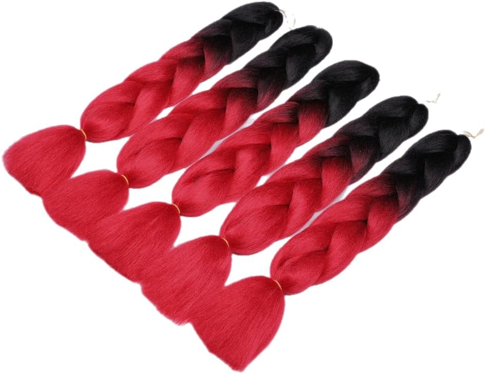ShowJarlly 5 Packs Ombre Jumbo Braid Hair, Black/Red Hair African Braid Extension, 24inch Box Braid Hair Extensions Synthetic Colorful Hair Extensions for Braiding