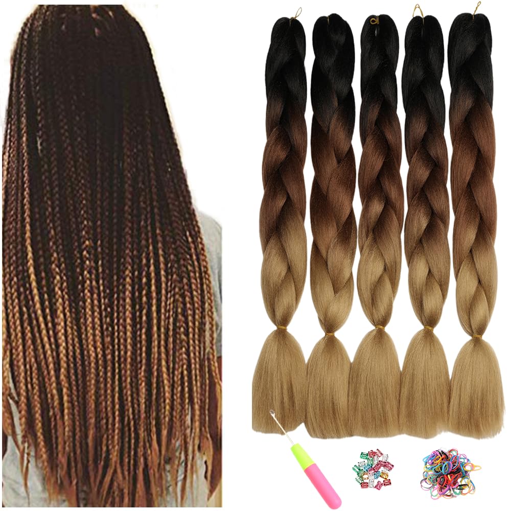 ShowJarlly 5 Packs Ombre Jumbo Braid Hair, Black/Red Hair African Braid Extension, 24inch Box Braid Hair Extensions Synthetic Colorful Hair Extensions for Braiding