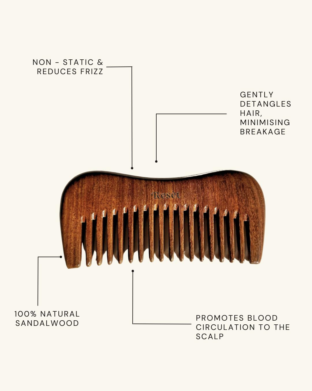 Reset 100% Natural Handmade Sandalwood Wide Tooth Hair Comb | Soft, Eco-Friendly Anti-Static Massage Comb | Wet or Dry Hair Detangler for Men and Women