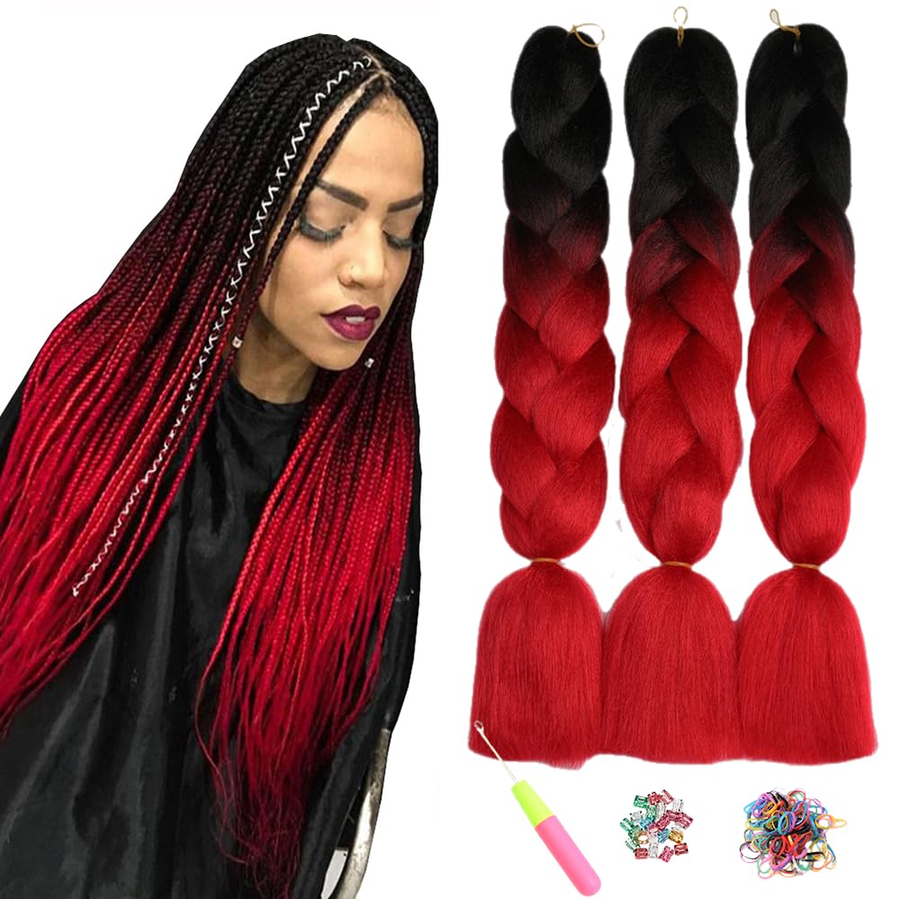 ShowJarlly 5 Packs Ombre Jumbo Braid Hair, Black/Red Hair African Braid Extension, 24inch Box Braid Hair Extensions Synthetic Colorful Hair Extensions for Braiding