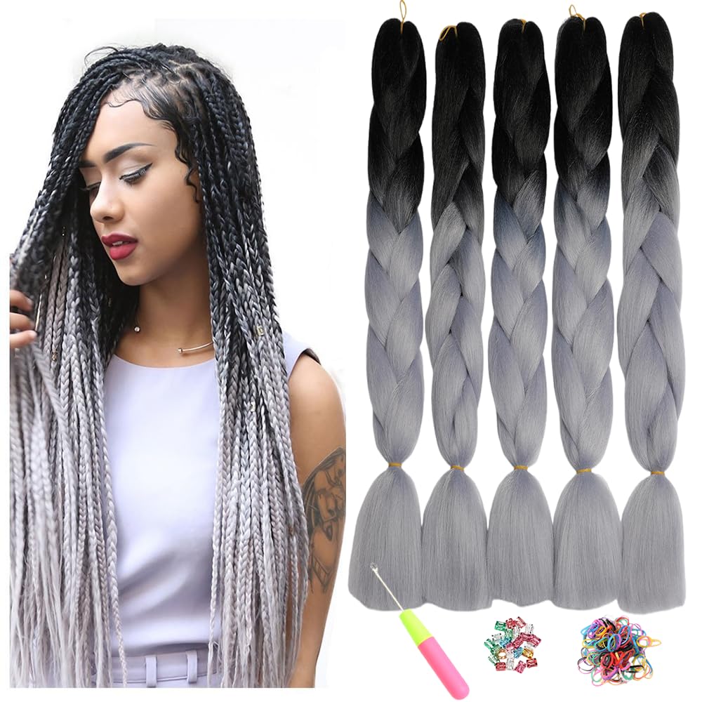 ShowJarlly 5 Packs Ombre Jumbo Braid Hair, Black/Red Hair African Braid Extension, 24inch Box Braid Hair Extensions Synthetic Colorful Hair Extensions for Braiding