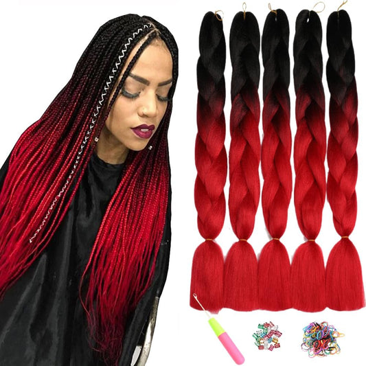 ShowJarlly 5 Packs Ombre Jumbo Braid Hair, Black/Red Hair African Braid Extension, 24inch Box Braid Hair Extensions Synthetic Colorful Hair Extensions for Braiding