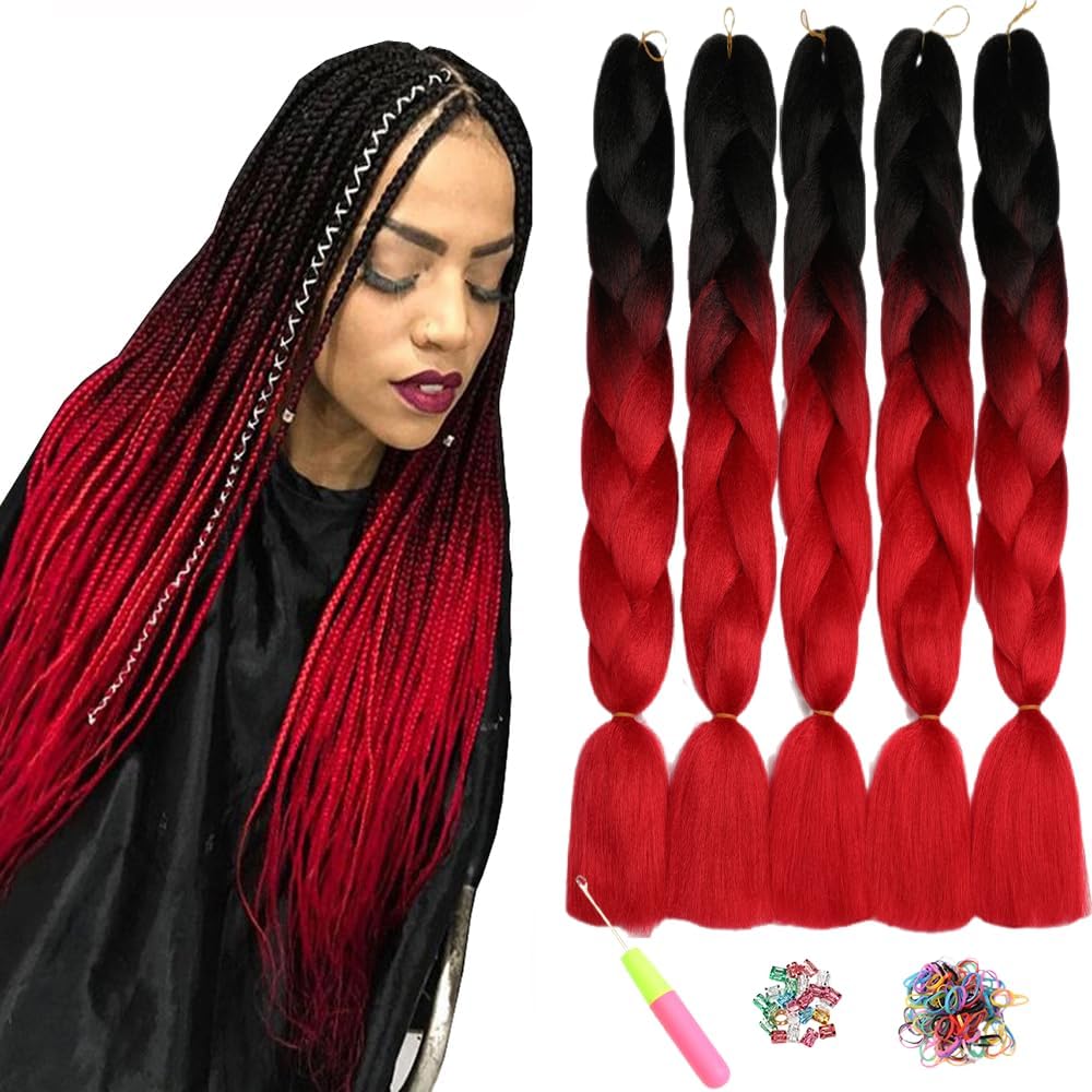ShowJarlly 5 Packs Ombre Jumbo Braid Hair, Black/Red Hair African Braid Extension, 24inch Box Braid Hair Extensions Synthetic Colorful Hair Extensions for Braiding
