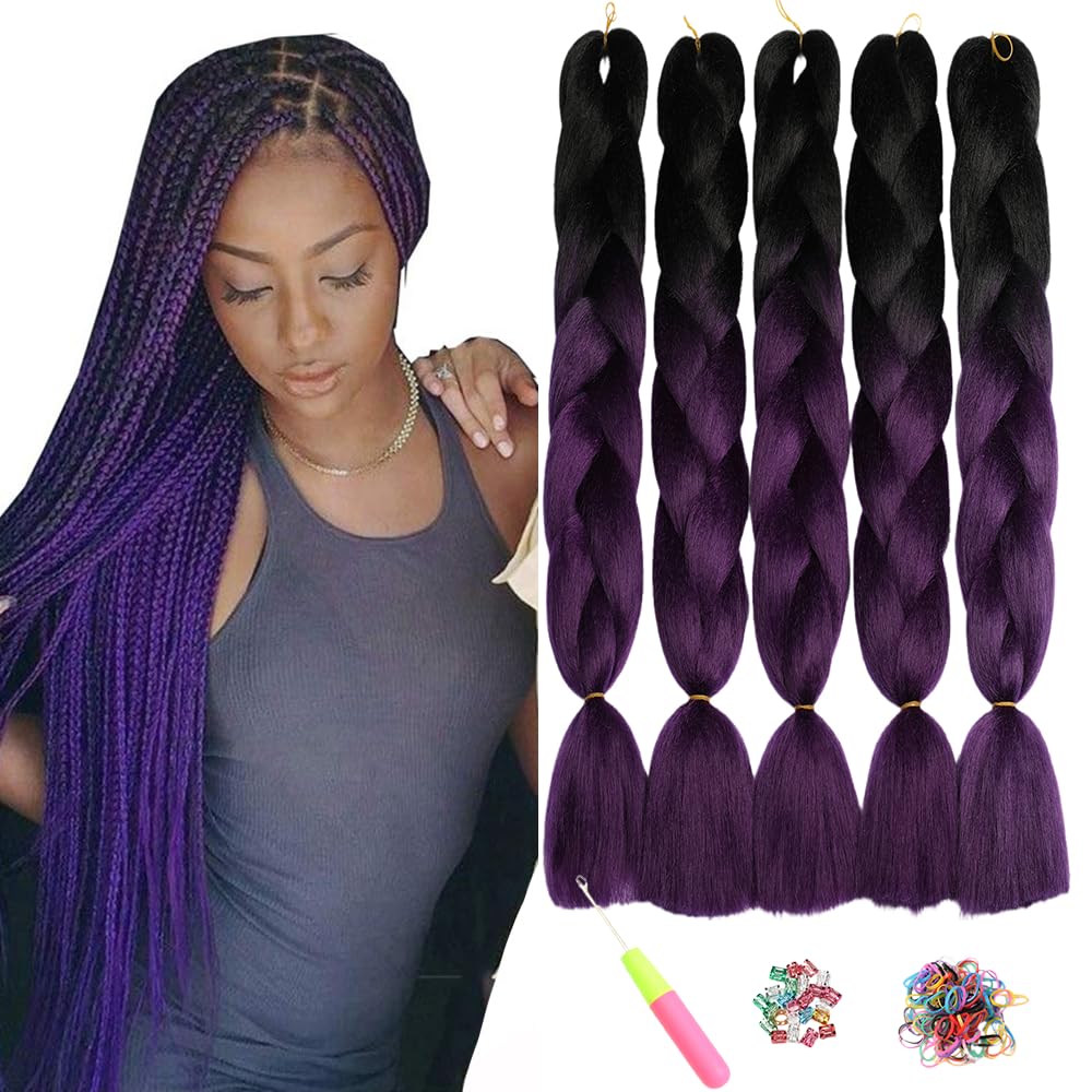 ShowJarlly 5 Packs Ombre Jumbo Braid Hair, Black/Red Hair African Braid Extension, 24inch Box Braid Hair Extensions Synthetic Colorful Hair Extensions for Braiding