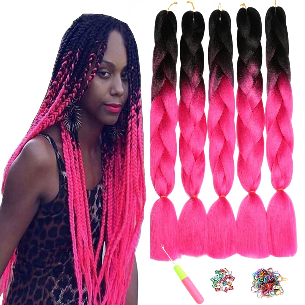 ShowJarlly 5 Packs Ombre Jumbo Braid Hair, Black/Red Hair African Braid Extension, 24inch Box Braid Hair Extensions Synthetic Colorful Hair Extensions for Braiding