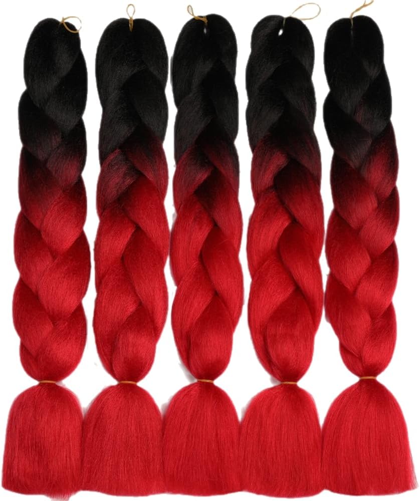 ShowJarlly 5 Packs Ombre Jumbo Braid Hair, Black/Red Hair African Braid Extension, 24inch Box Braid Hair Extensions Synthetic Colorful Hair Extensions for Braiding