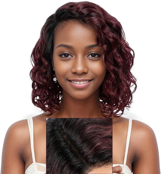 12 Inch Short Curly Lace Front Wig Human Hair Wigs Black burgundy 150% Density Deep Wavy Glueless Wigs 13x5x1 Swiss Lace Front Bob Wigs Side Part TT1B/99J#