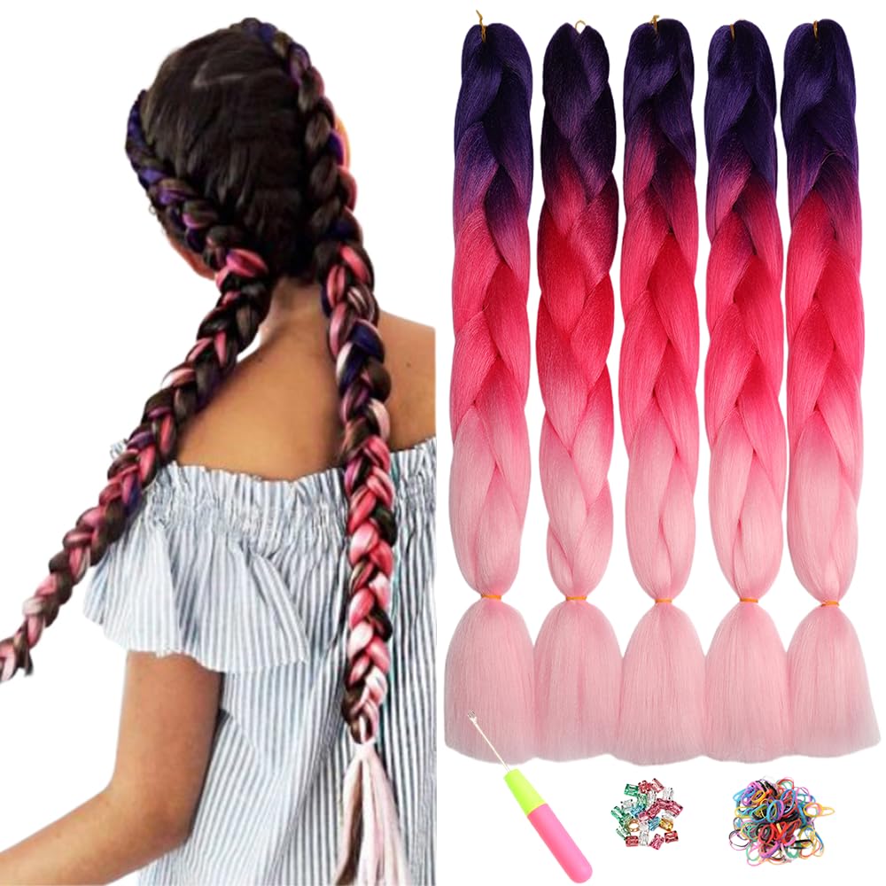ShowJarlly 5 Packs Ombre Jumbo Braid Hair, Black/Red Hair African Braid Extension, 24inch Box Braid Hair Extensions Synthetic Colorful Hair Extensions for Braiding