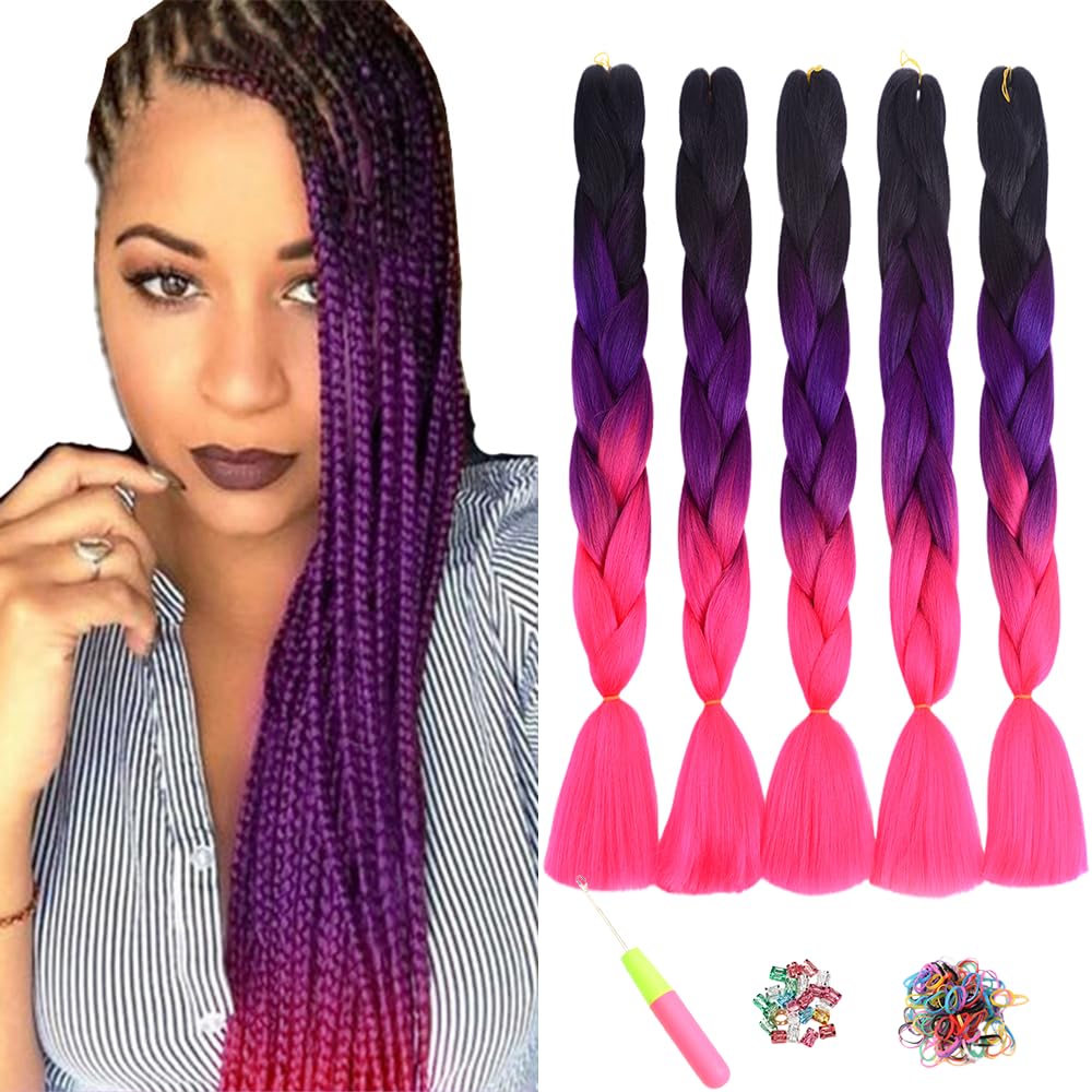 ShowJarlly 5 Packs Ombre Jumbo Braid Hair, Black/Red Hair African Braid Extension, 24inch Box Braid Hair Extensions Synthetic Colorful Hair Extensions for Braiding