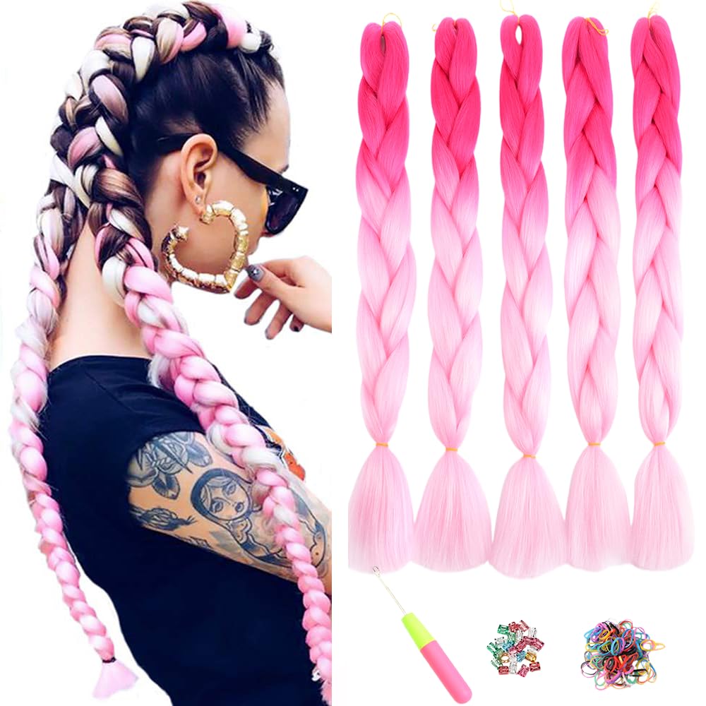 ShowJarlly 5 Packs Ombre Jumbo Braid Hair, Black/Red Hair African Braid Extension, 24inch Box Braid Hair Extensions Synthetic Colorful Hair Extensions for Braiding
