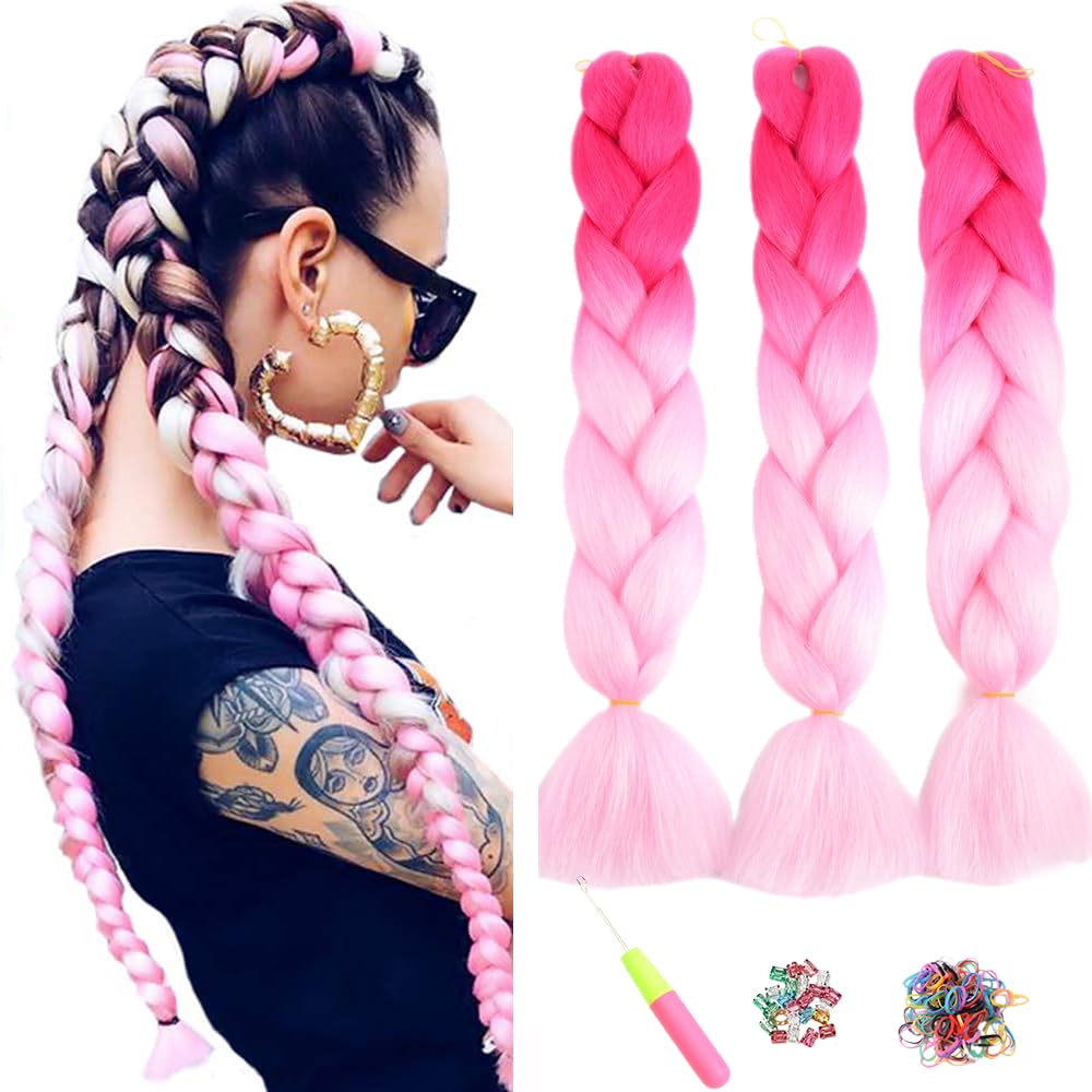 ShowJarlly 5 Packs Ombre Jumbo Braid Hair, Black/Red Hair African Braid Extension, 24inch Box Braid Hair Extensions Synthetic Colorful Hair Extensions for Braiding
