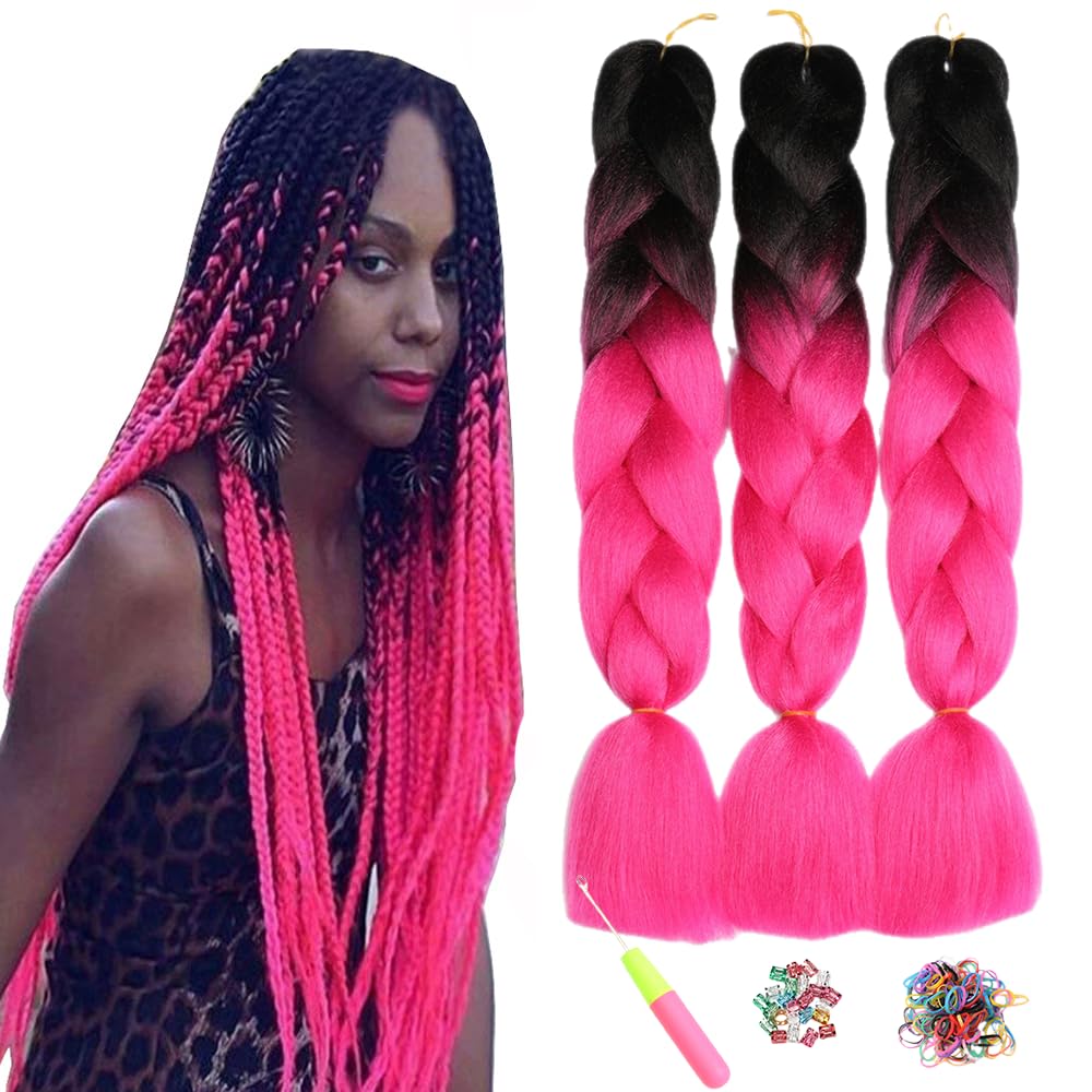 ShowJarlly 5 Packs Ombre Jumbo Braid Hair, Black/Red Hair African Braid Extension, 24inch Box Braid Hair Extensions Synthetic Colorful Hair Extensions for Braiding