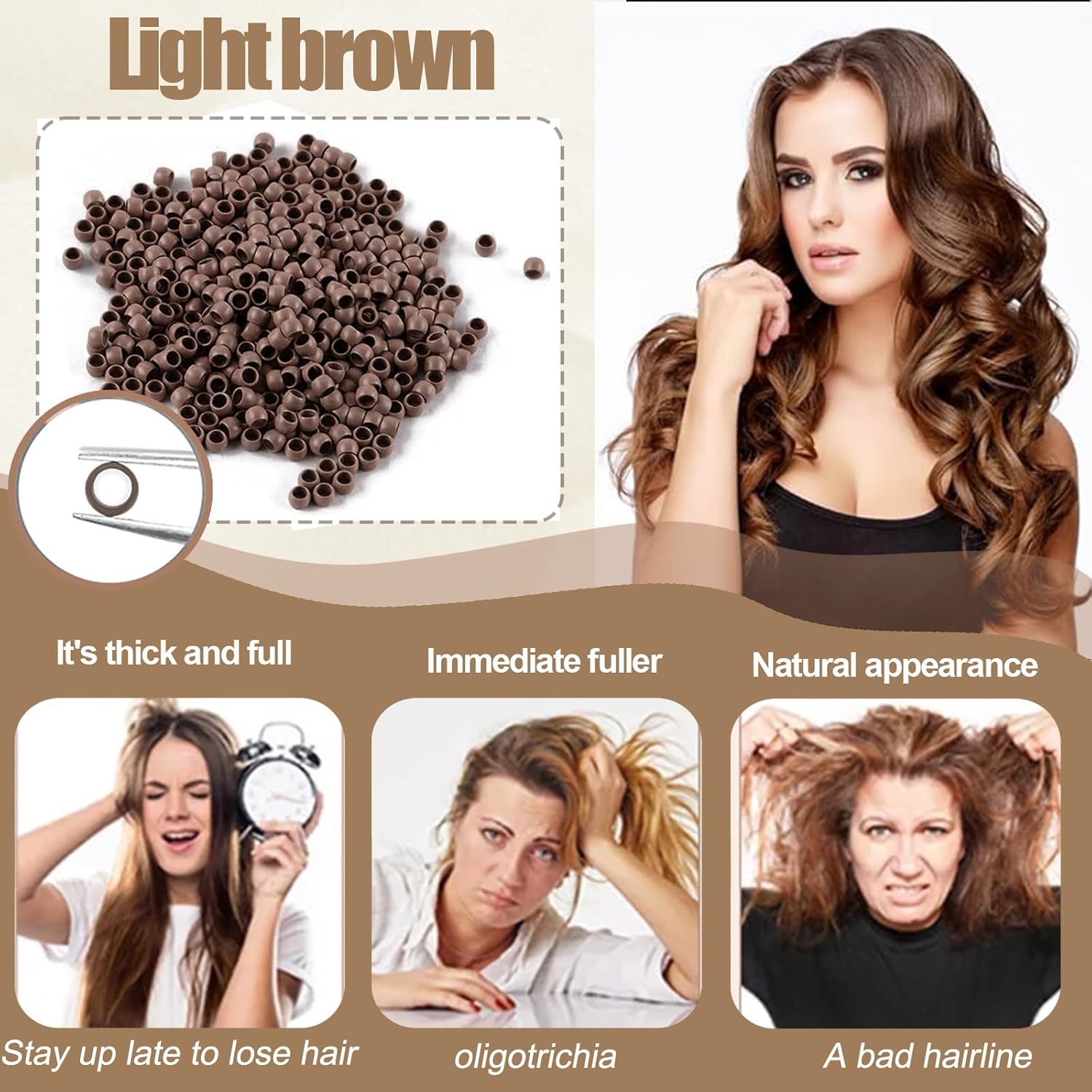 1000PCS 2.5mm Copper Nano Beads for Hair Extensions, Nano Ring Micro Link Tubes for Tip/Ring Hairs, Dreadlocks & DIY, Hair Extension Beads Link Tools Accessories (Light Brown)