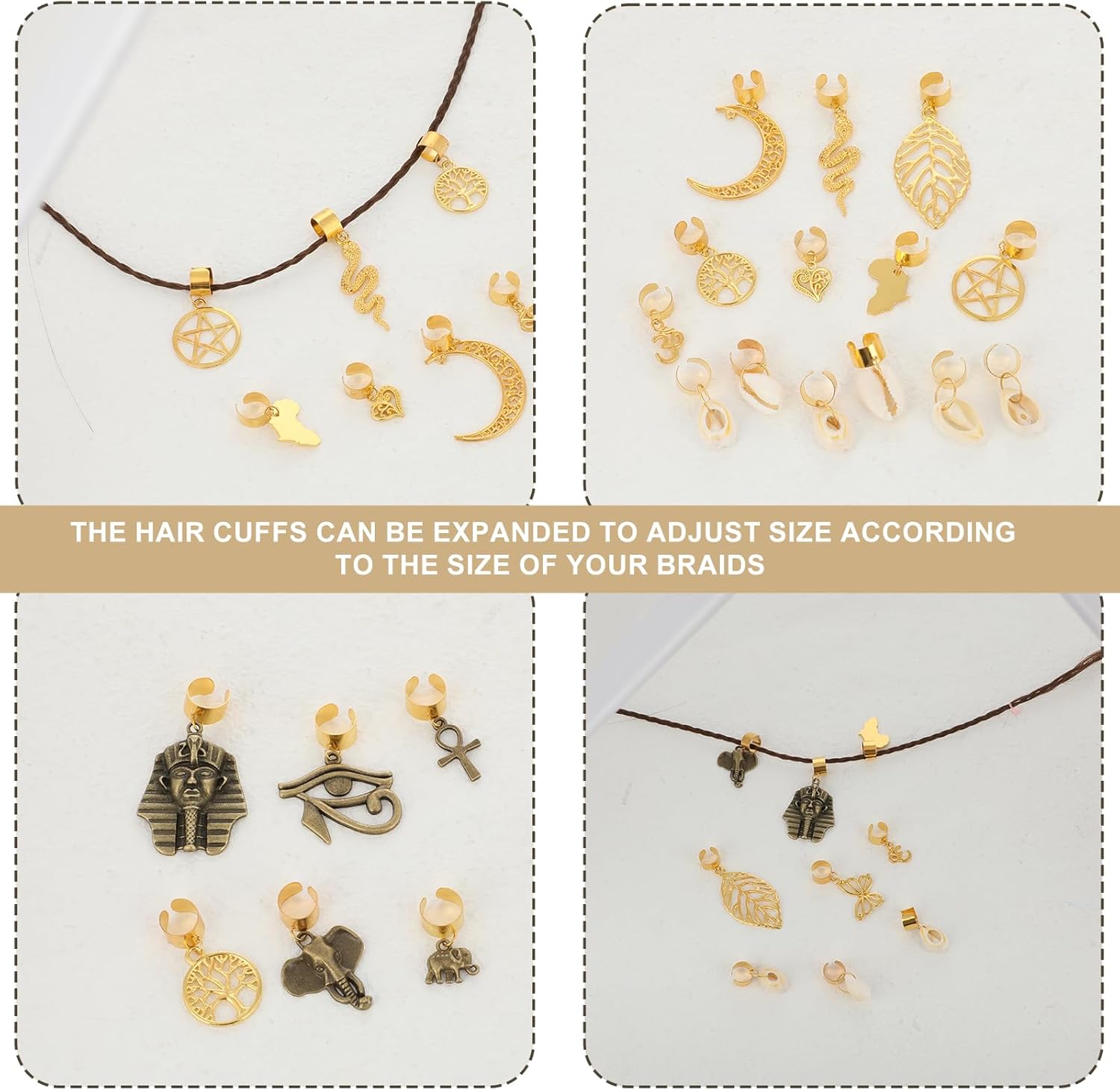 Qianyu 20 Pcs Locs Hair Jewelry Braids Clips Adjustable Metal Cuffs 15 Styles Vintage African Style Pendant Charms Butterfly Shell DIY Dreadlock Hair Accessories for Women and Girls