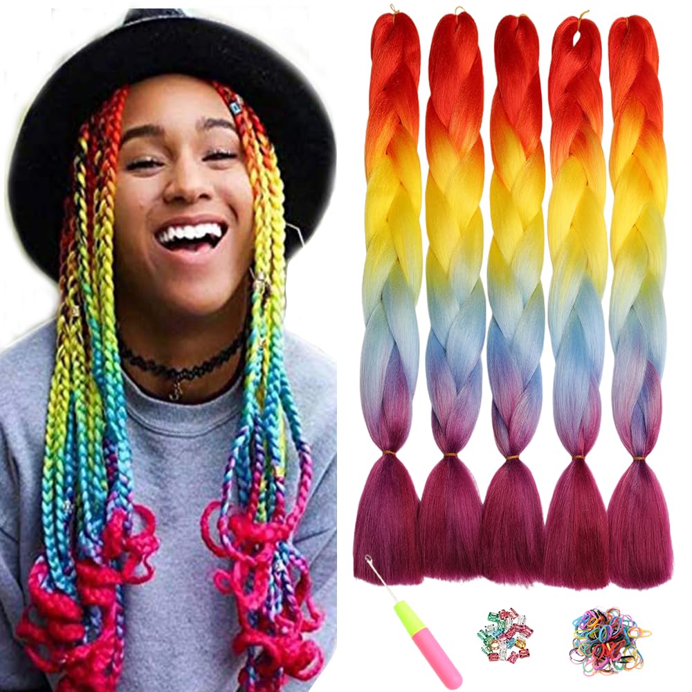 ShowJarlly 5 Packs Ombre Jumbo Braid Hair, Black/Red Hair African Braid Extension, 24inch Box Braid Hair Extensions Synthetic Colorful Hair Extensions for Braiding