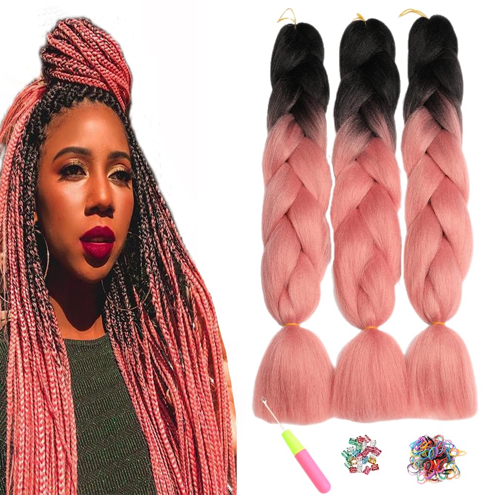 ShowJarlly 5 Packs Ombre Jumbo Braid Hair, Black/Red Hair African Braid Extension, 24inch Box Braid Hair Extensions Synthetic Colorful Hair Extensions for Braiding