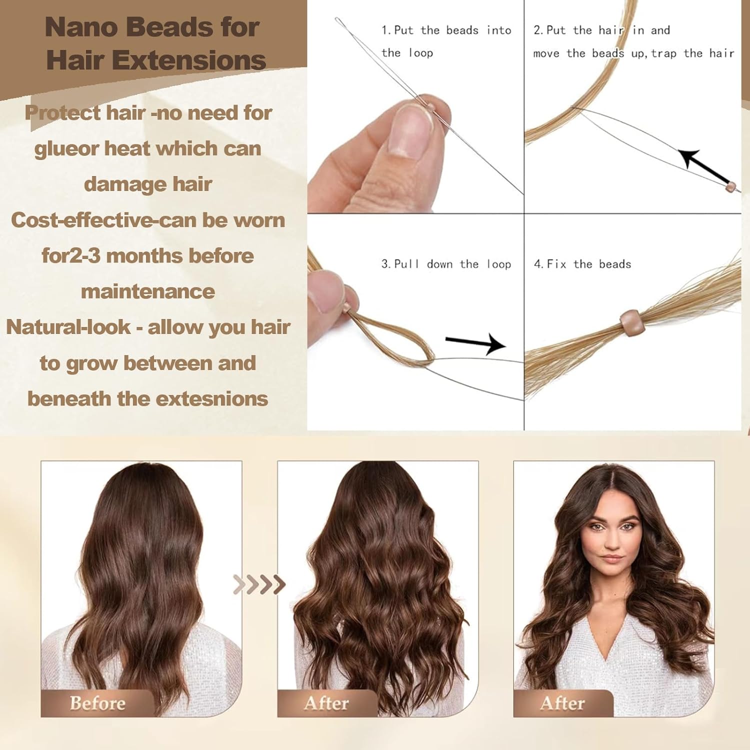 1000PCS 2.5mm Copper Nano Beads for Hair Extensions, Nano Ring Micro Link Tubes for Tip/Ring Hairs, Dreadlocks & DIY, Hair Extension Beads Link Tools Accessories (Light Brown)