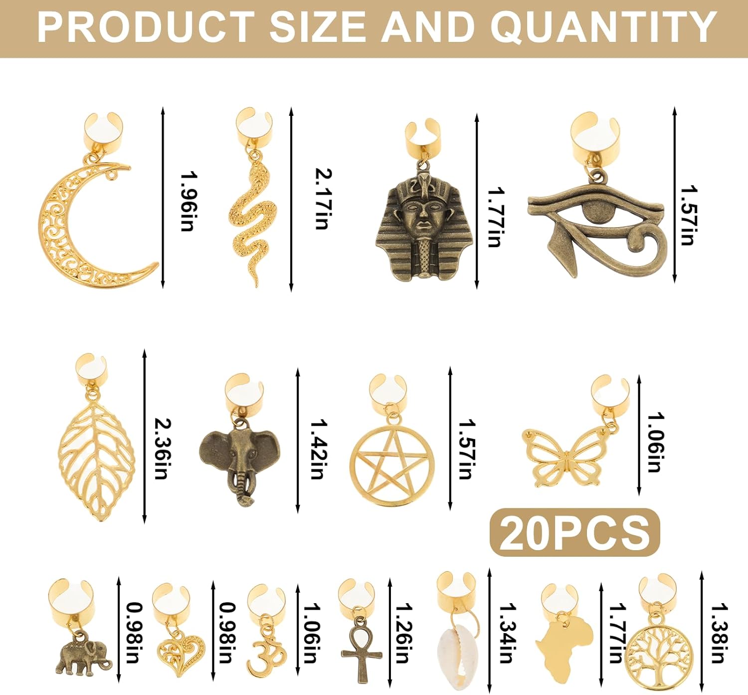 Qianyu 20 Pcs Locs Hair Jewelry Braids Clips Adjustable Metal Cuffs 15 Styles Vintage African Style Pendant Charms Butterfly Shell DIY Dreadlock Hair Accessories for Women and Girls