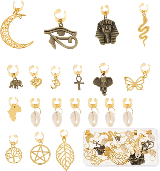 Qianyu 20 Pcs Locs Hair Jewelry Braids Clips Adjustable Metal Cuffs 15 Styles Vintage African Style Pendant Charms Butterfly Shell DIY Dreadlock Hair Accessories for Women and Girls
