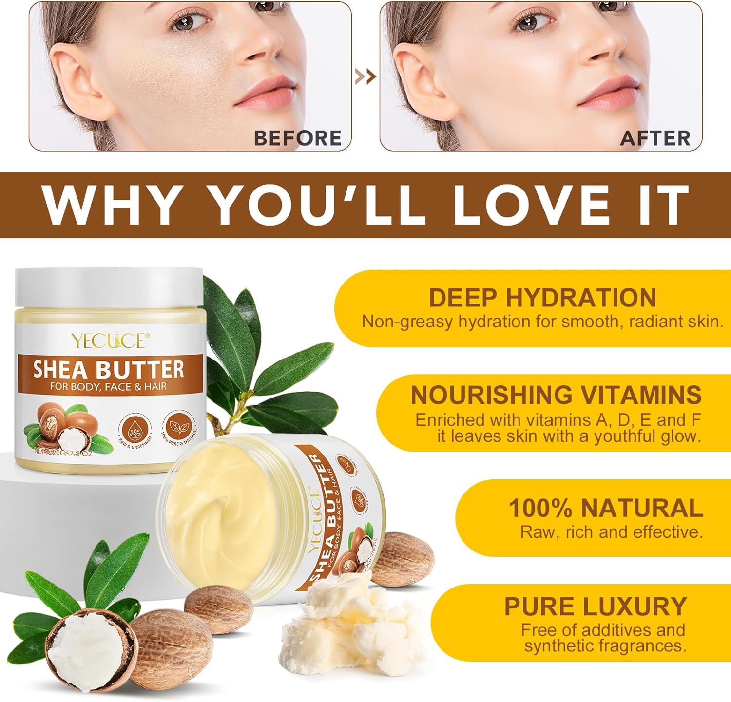 Shea Butter Organic, 220g - Pure Natural Unrefined Shea Butter Raw Organic Body Butter for Dry Skin Care, Enriched with Vitamin A & F, Deeply Nourishes, Soothes, and Softens Long Lasting Hydration