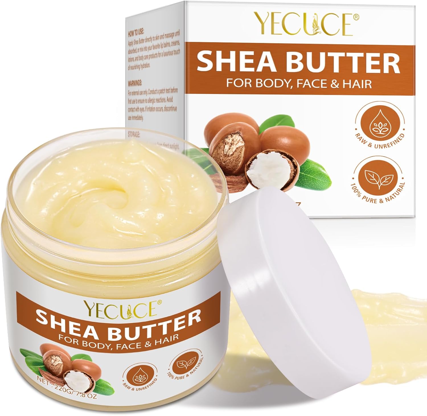 Shea Butter Organic, 220g - Pure Natural Unrefined Shea Butter Raw Organic Body Butter for Dry Skin Care, Enriched with Vitamin A & F, Deeply Nourishes, Soothes, and Softens Long Lasting Hydration