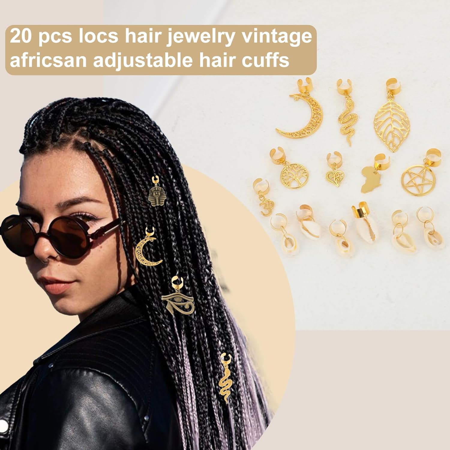 Qianyu 20 Pcs Locs Hair Jewelry Braids Clips Adjustable Metal Cuffs 15 Styles Vintage African Style Pendant Charms Butterfly Shell DIY Dreadlock Hair Accessories for Women and Girls