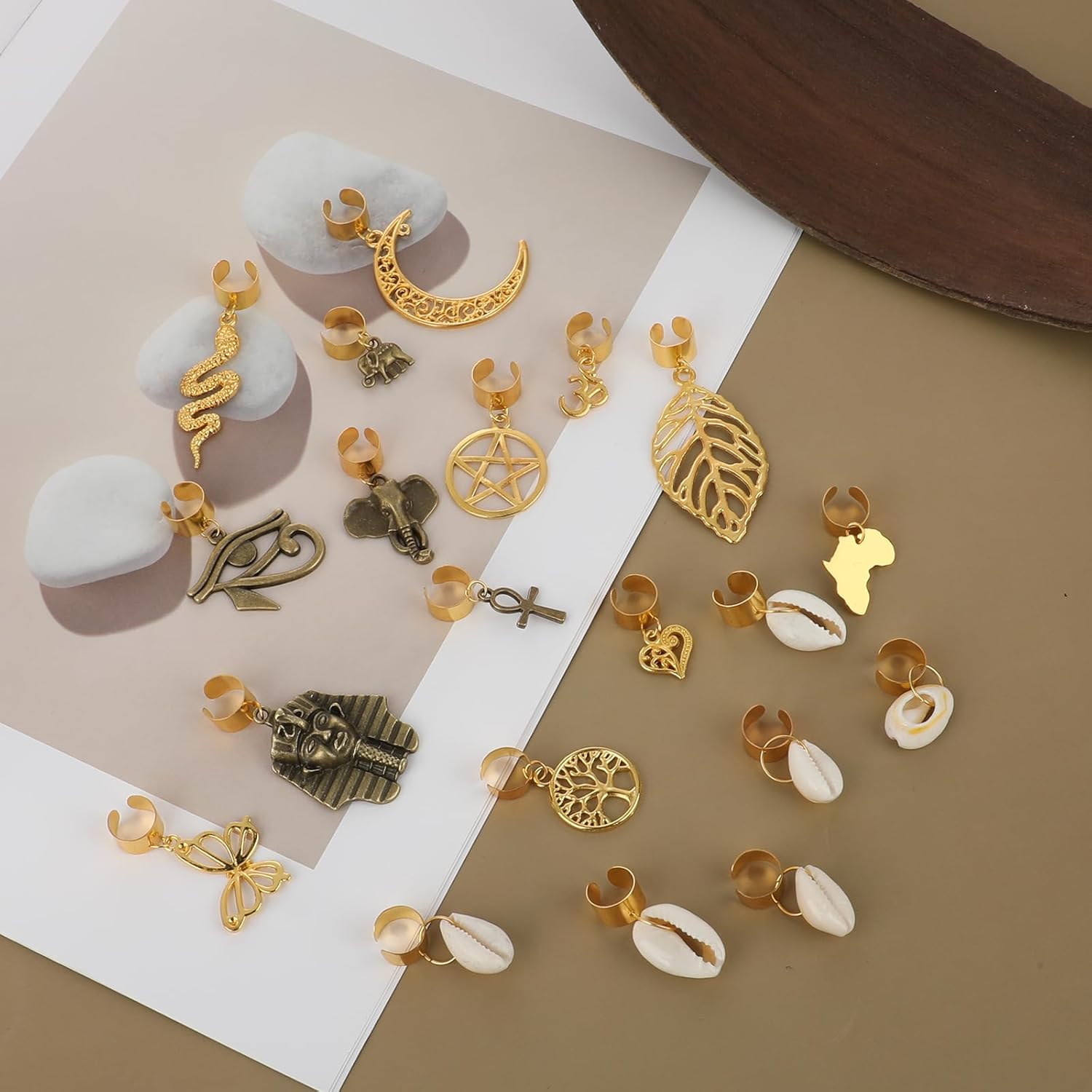 Qianyu 20 Pcs Locs Hair Jewelry Braids Clips Adjustable Metal Cuffs 15 Styles Vintage African Style Pendant Charms Butterfly Shell DIY Dreadlock Hair Accessories for Women and Girls