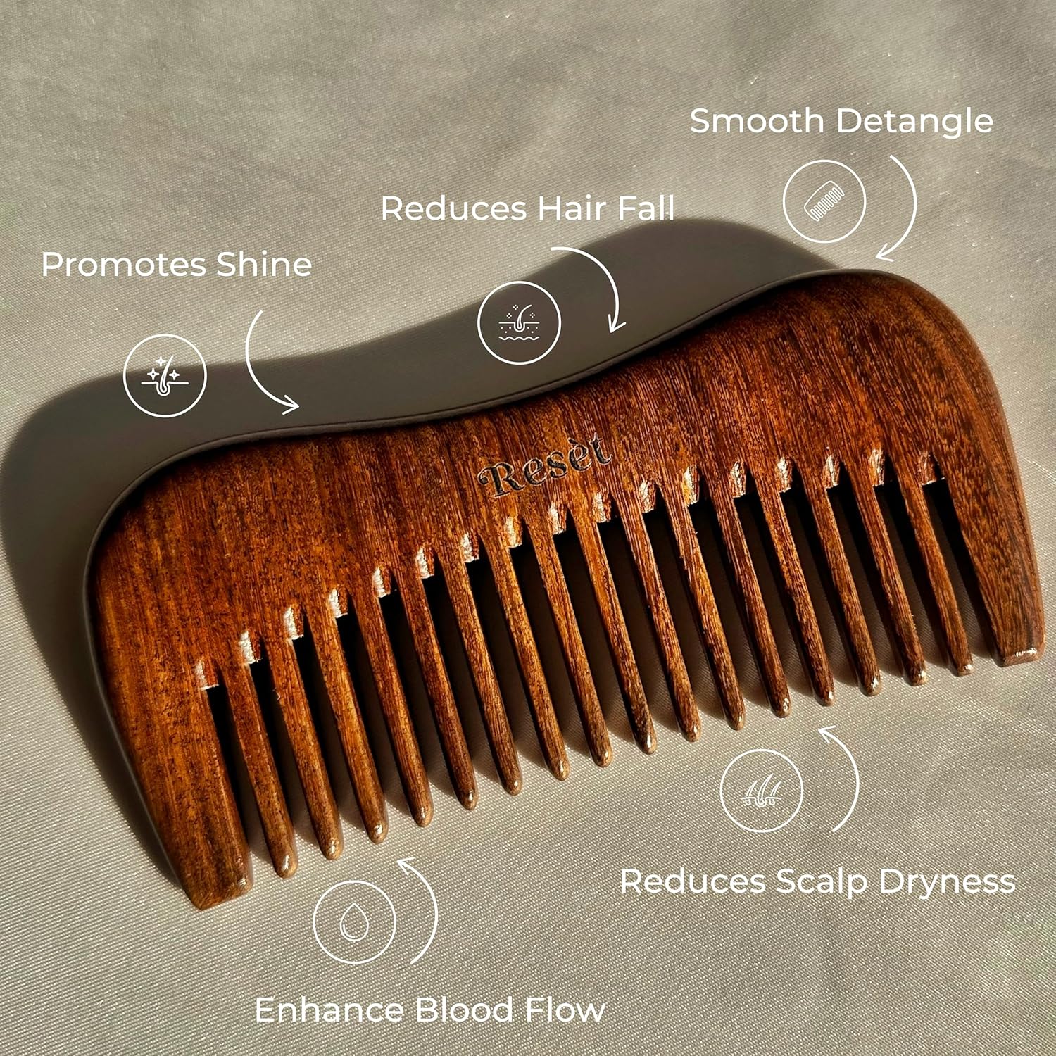 Reset 100% Natural Handmade Sandalwood Wide Tooth Hair Comb | Soft, Eco-Friendly Anti-Static Massage Comb | Wet or Dry Hair Detangler for Men and Women